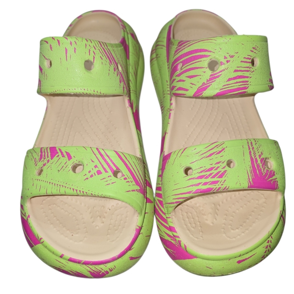 Crocs Crush Sandals Bold Green Pink Print 2 Strap Chunky Platforms 8 Women - Picture 3 of 9